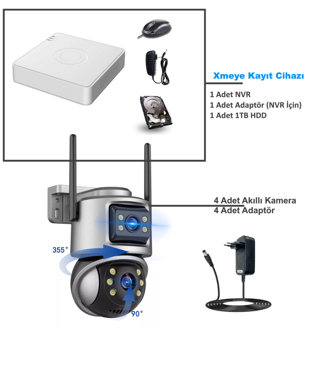 XMCAM 4lü Güvenlik Kamera Seti Dual Lens WiFi Kayıt Cihazı 1TB HDD Gece Görüşlü Su Geçirmez