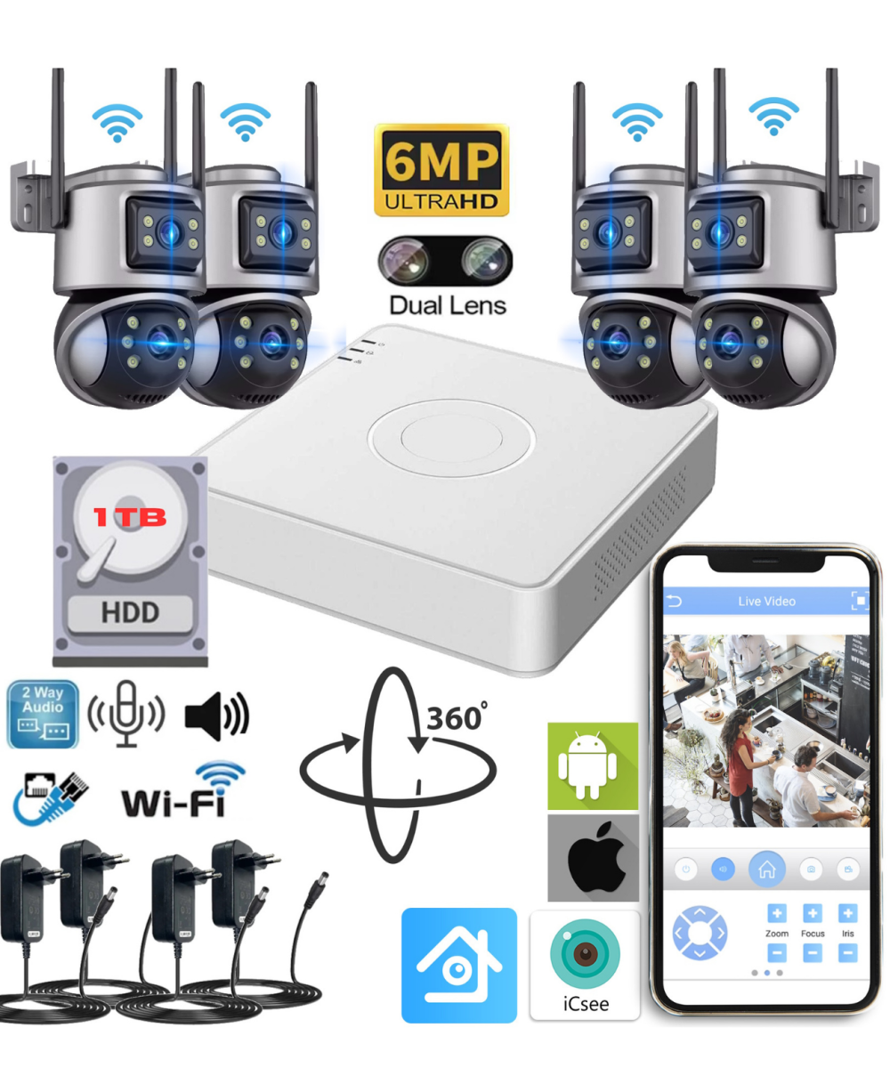 XMCAM 4lü Güvenlik Kamera Seti Dual Lens WiFi Kayıt Cihazı 1TB HDD Gece Görüşlü Su Geçirmez