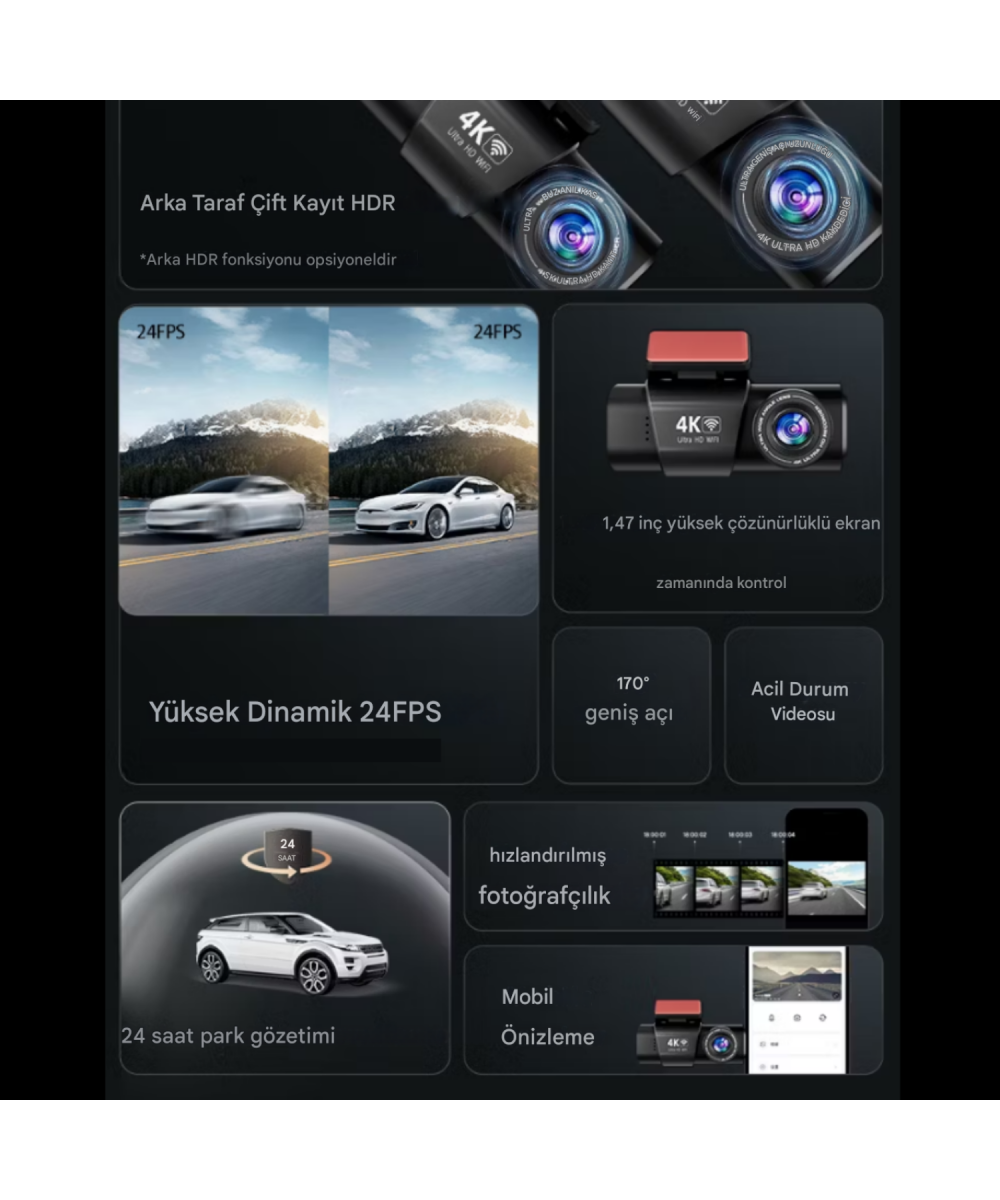 L308 4K UHD Araç İçi Kamera 128GB – WiFi, IR Gece Görüşü, Çift Lens Ön-Arka-İç Kayıt, APP Kontrol DashCam