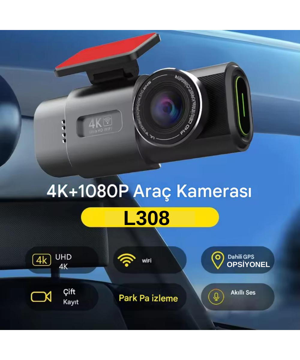 L308 4K UHD Araç İçi Kamera 128GB – WiFi, IR Gece Görüşü, Çift Lens Ön-Arka-İç Kayıt, APP Kontrol DashCam