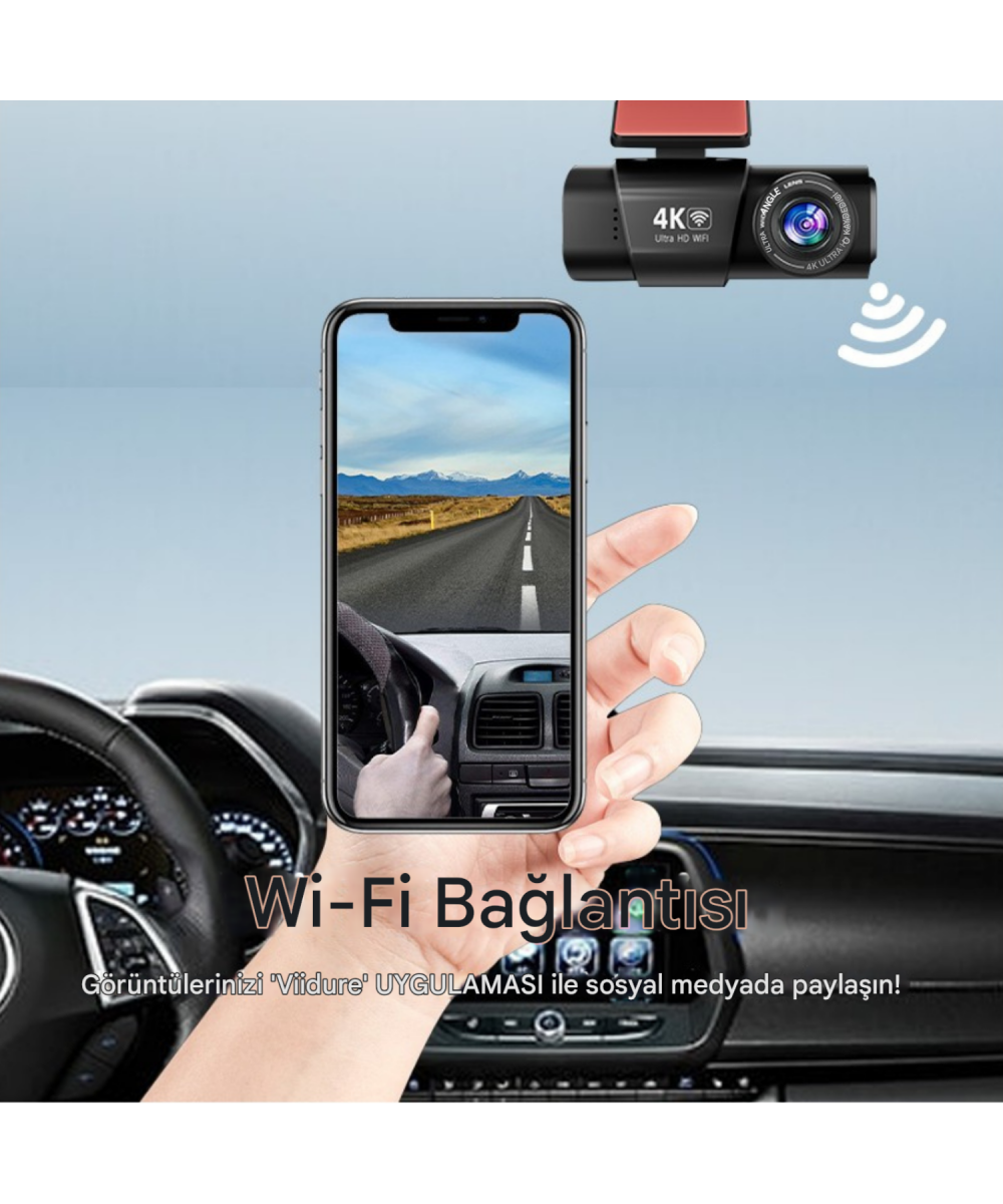 L308 4K UHD Araç İçi Kamera 128GB – WiFi, IR Gece Görüşü, Çift Lens Ön-Arka-İç Kayıt, APP Kontrol DashCam
