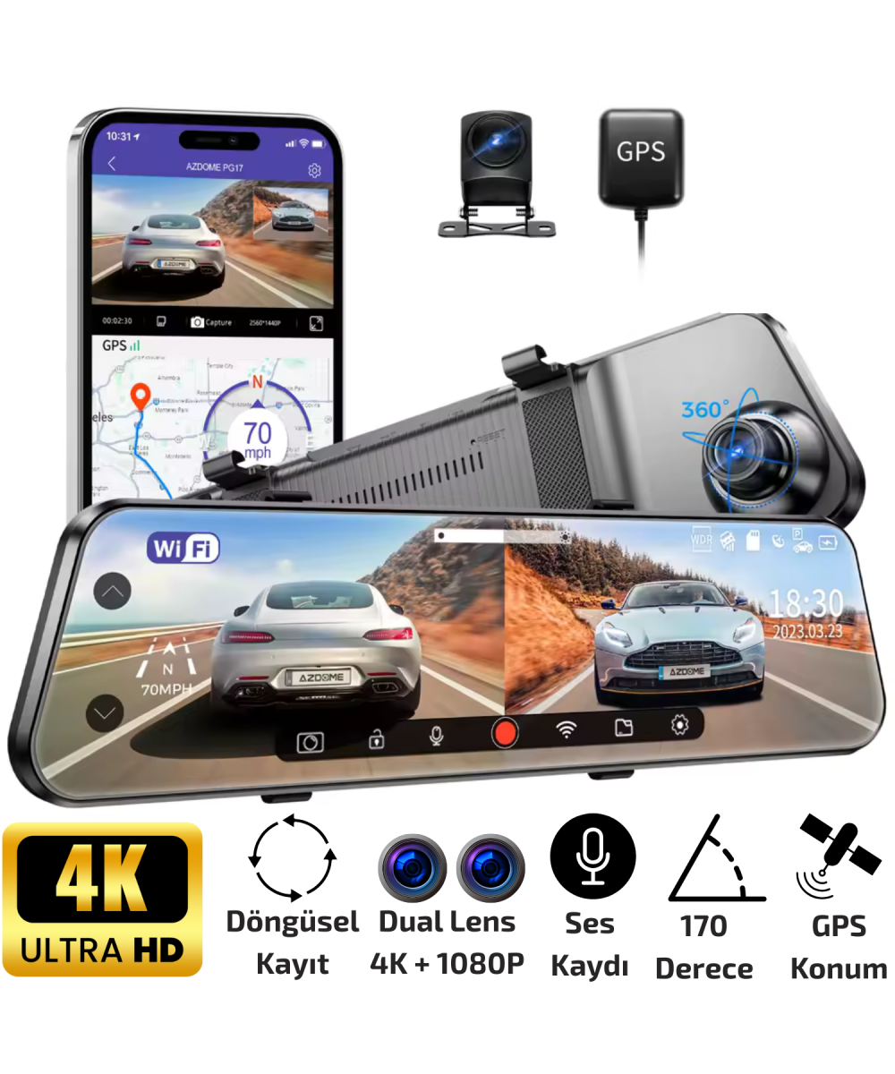 MPIA CC-68 GPS WiFi 4K Ultra HD Dikiz Aynası Araç İçi Kamerası Tam Ekran, Geri Görüş Kameralı Türkçe Menü