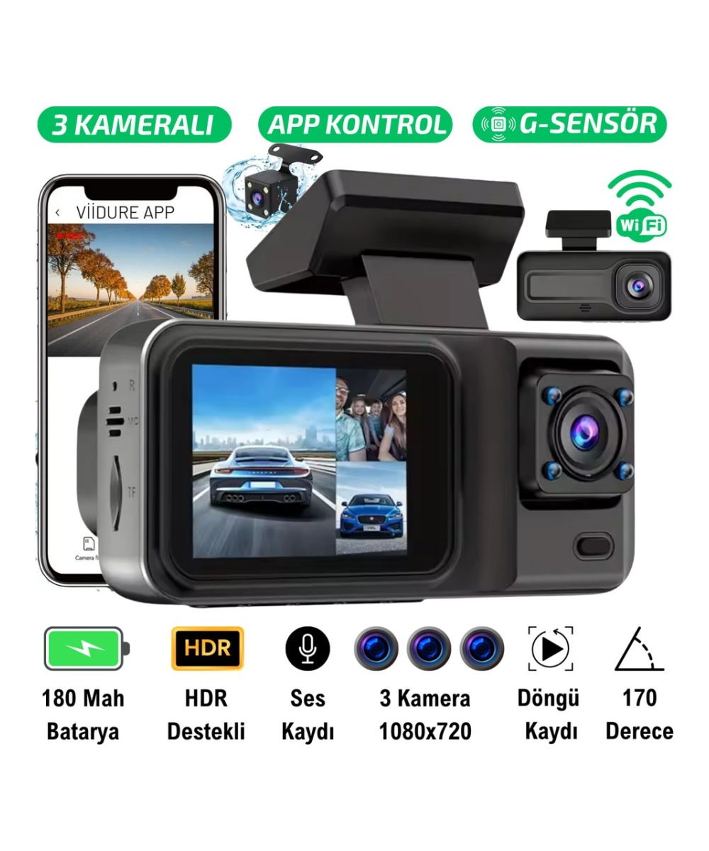 CC-38 Wi-Fi Full HD 3 Kameralı Araç İçi Güvenlik Kamerası 64GB – IR Gece Görüşü, Ön-Arka-İç Kayıt,DashCam