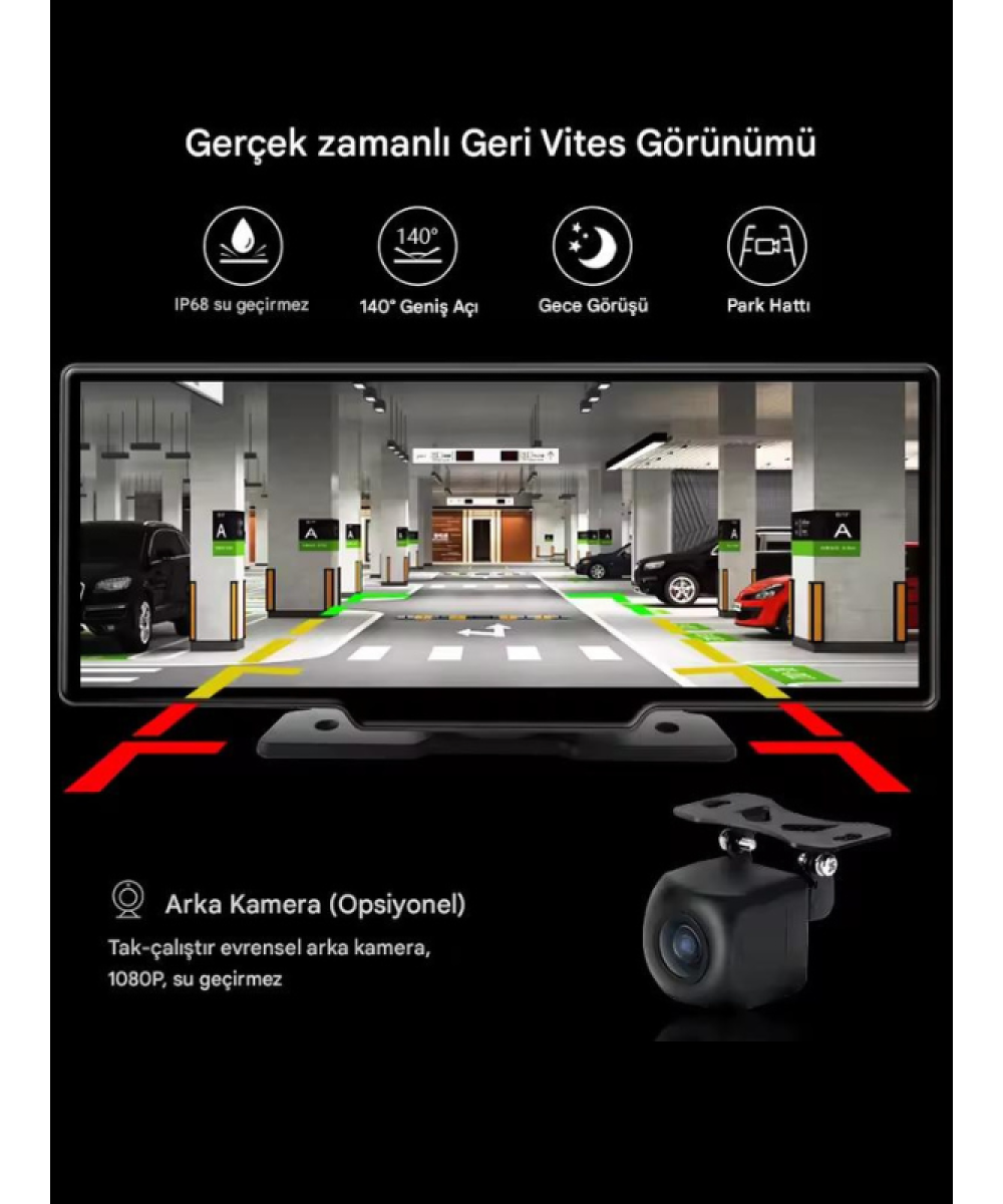 4K CarPlay 128GB Araç İçi Güvenlik Kamerası 10.2 Ekran Ön & Arka Kayıt Android & iPhone Uyumlu