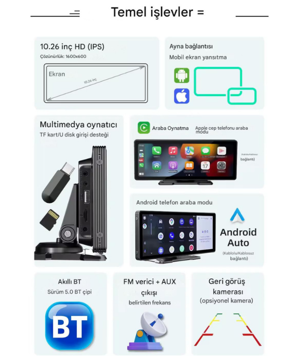 4K CarPlay 128GB Araç İçi Güvenlik Kamerası 10.2 Ekran Ön & Arka Kayıt Android & iPhone Uyumlu