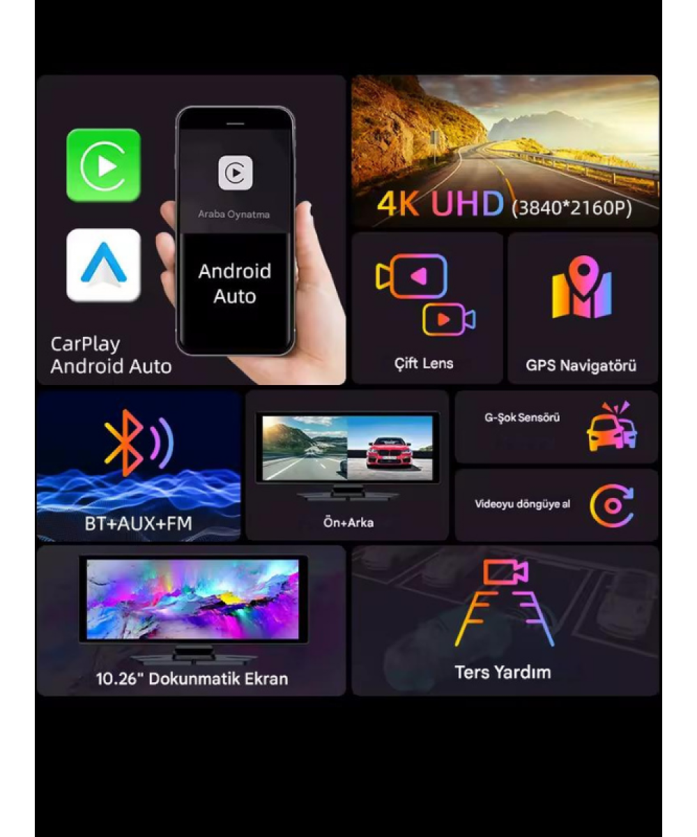4K CarPlay 128GB Araç İçi Güvenlik Kamerası 10.2 Ekran Ön & Arka Kayıt Android & iPhone Uyumlu