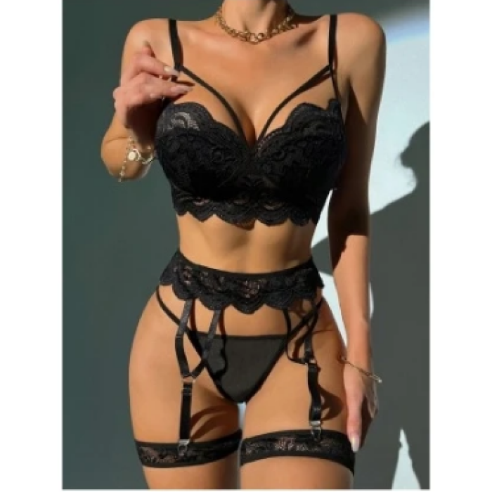 Ruselin Kadın Balenli Siyah Dantel Detaylı Jartiyer Gecelik Takım L/XL Beden