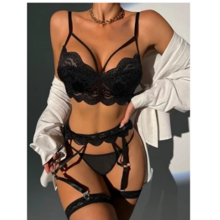 Ruselin Kadın Balenli Siyah Dantel Detaylı Jartiyer Gecelik Takım L/XL Beden