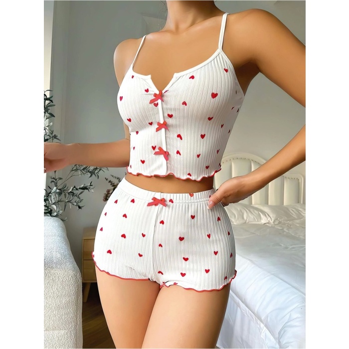 Nudiva Beyaz Fiyonk Desenli Kalpli Askılı Şortlu Pijama Takım S/M