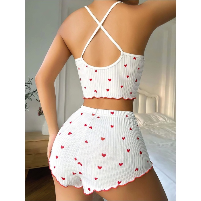 Nudiva Beyaz Fiyonk Desenli Kalpli Askılı Şortlu Pijama Takım S/M