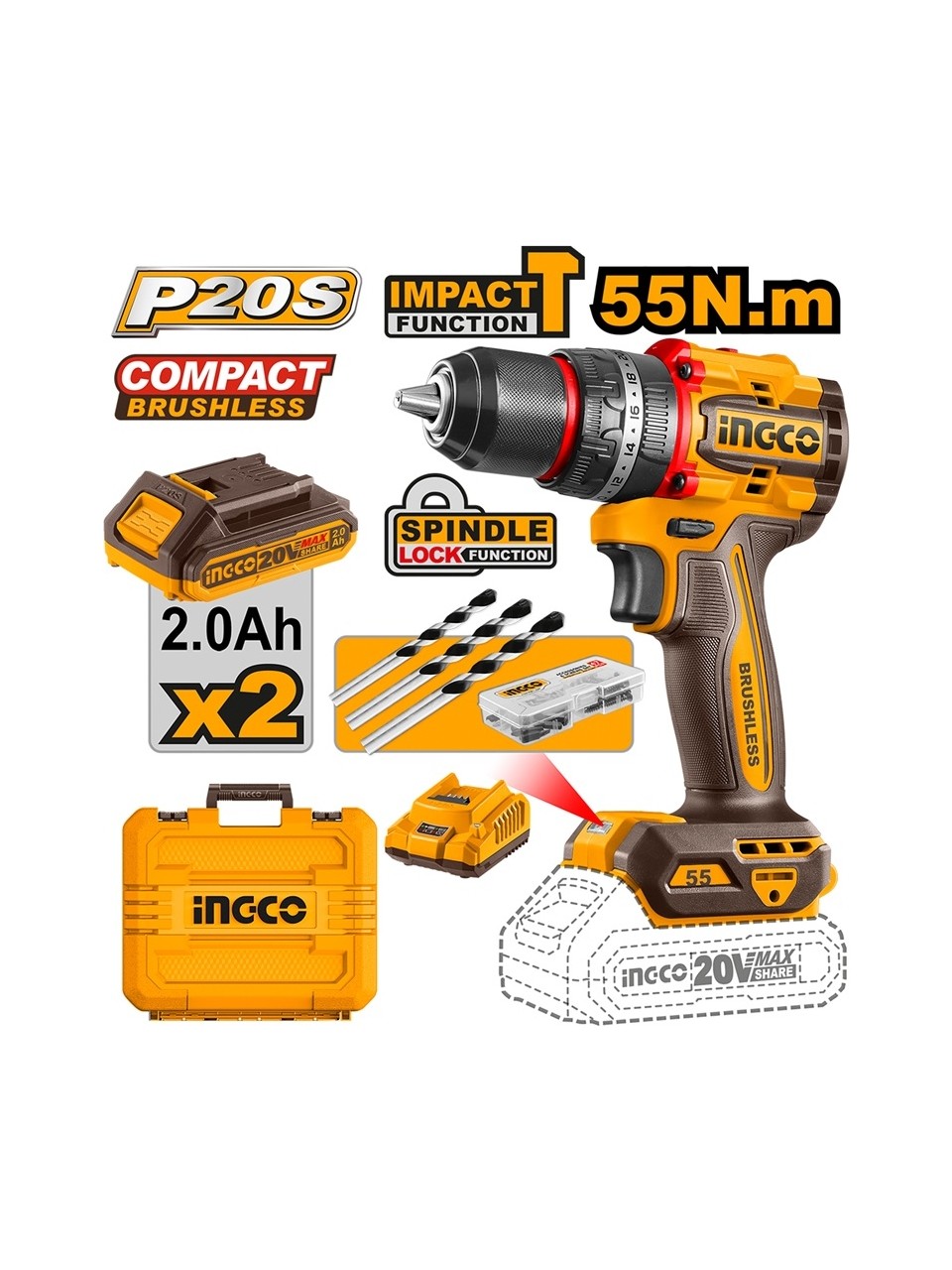 Ingco Darbeli Matkap Seti 13 mm 20V 2X2.0AH- CIDLI20558E