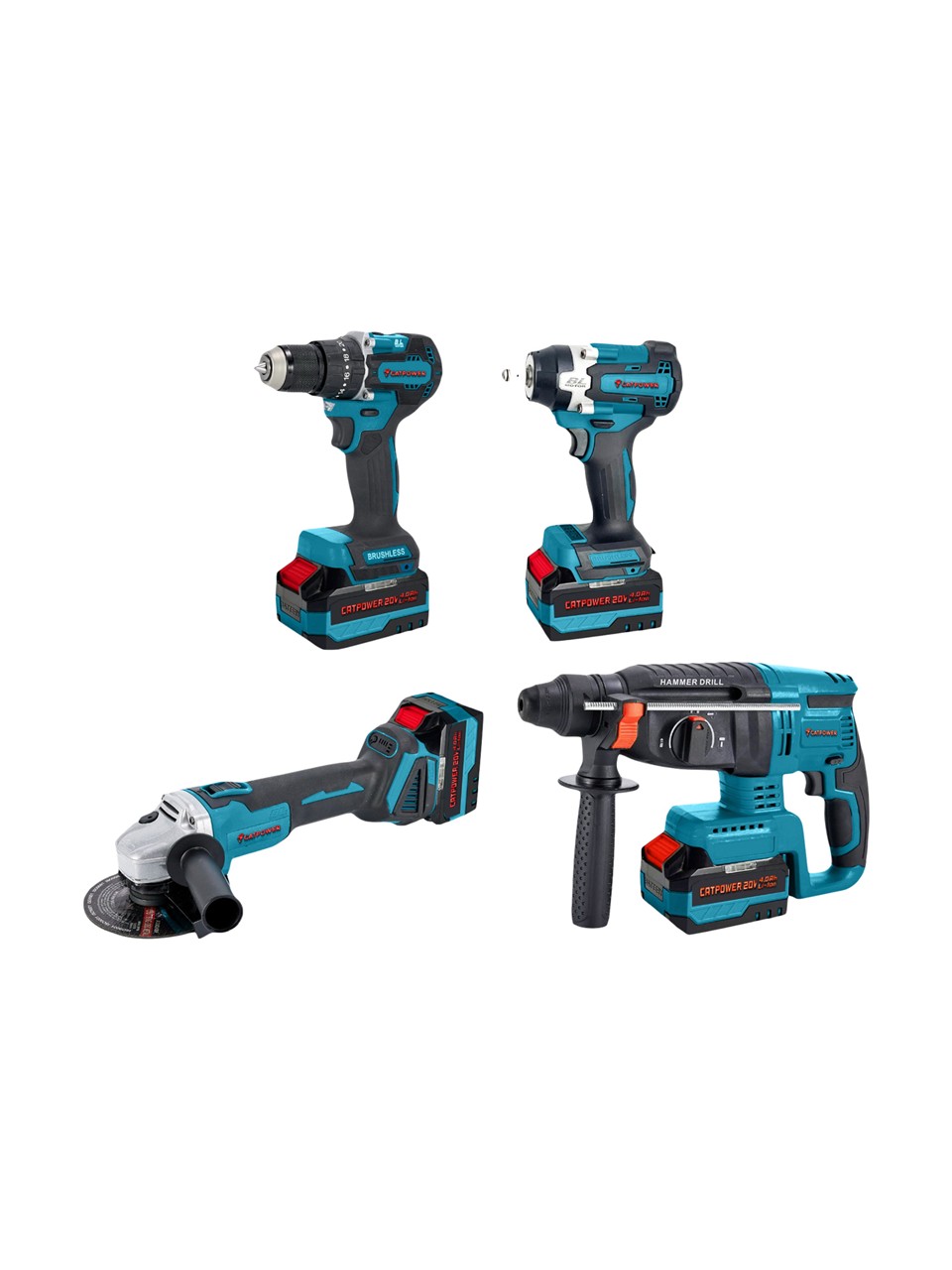 Catpower 1580 Kömürsüz 20V 4.0Ah 3 Akülü 4’lü Set - Kırıcı Delici - Avuç Taşlama - Darbeli Vidalama - Somun Sıkma