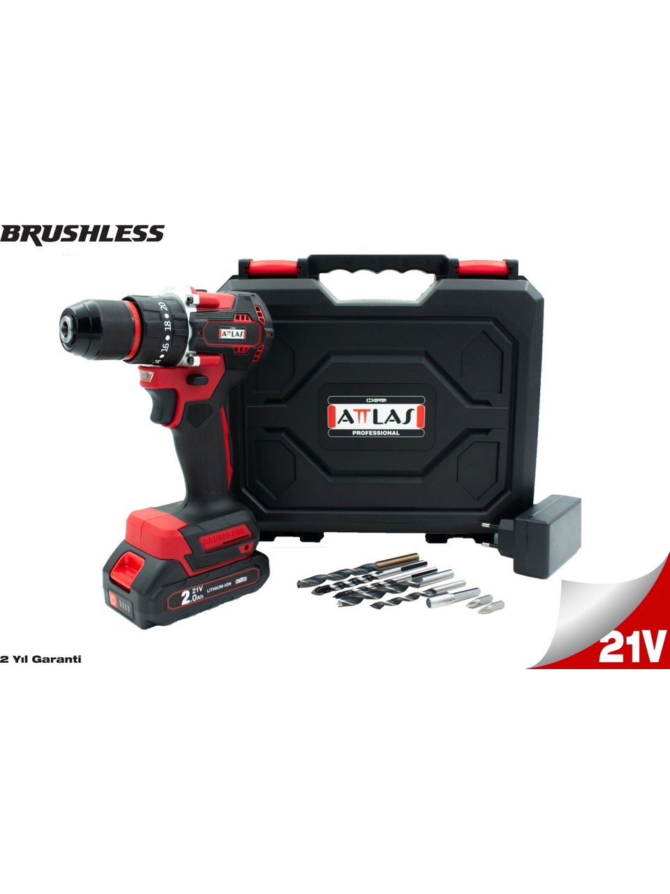 Attlas Atb 21 BLPD-201C 21V 2.0AH Tek Akülü Kömürsüz Darbeli Matkap L-Boxx Çantalı + 8 Parça Uç Seti