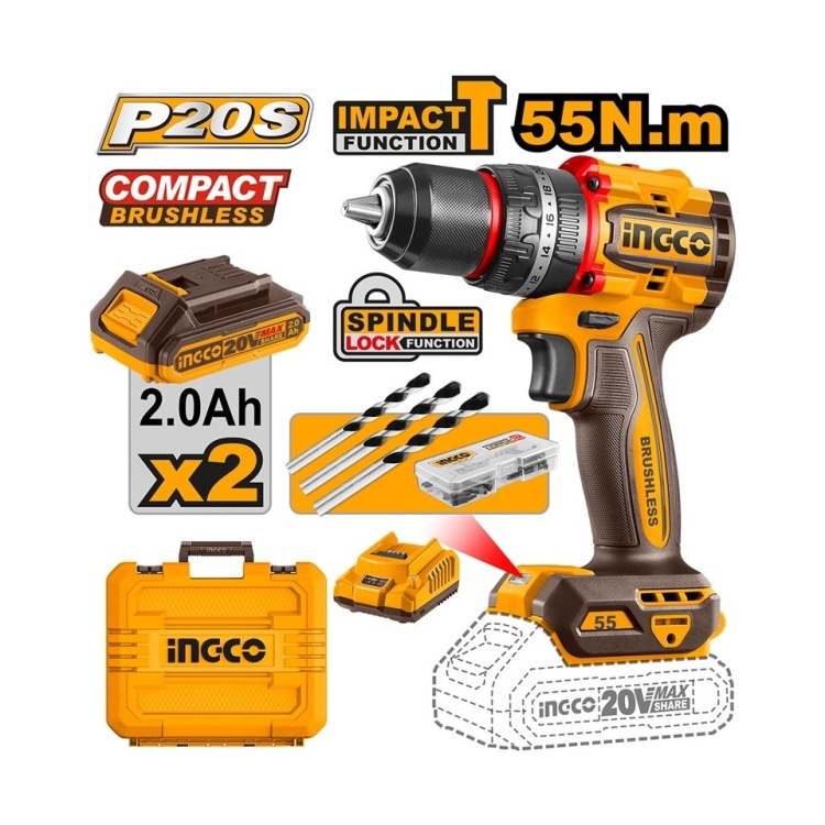 Ingco Darbeli Matkap Seti 13 mm 20V 2X2.0AH- CIDLI20558E