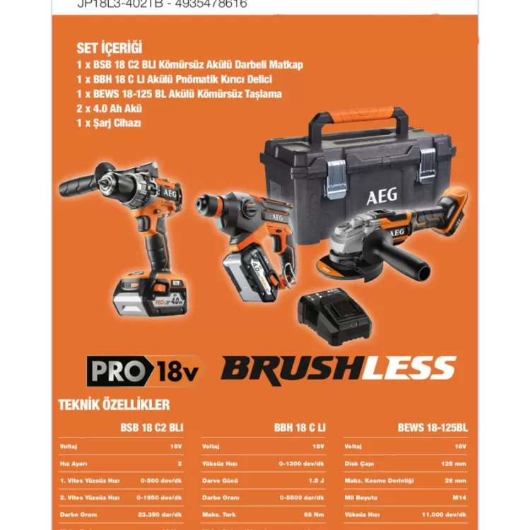 Aeg JP18L3-402TB 2x4.0Ah Çift Akülü Kombo Set - Darbeli Matkap + Kırıcı Delici + Kömürsüz Taşlama - 4935478616