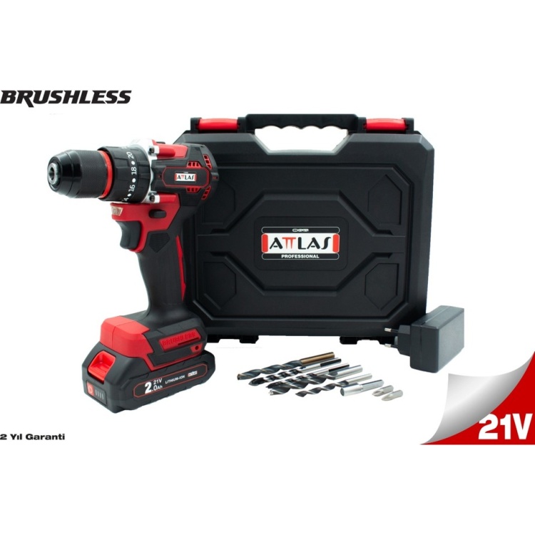 Attlas Atb 21 BLPD-201C 21V 2.0AH Tek Akülü Kömürsüz Darbeli Matkap L-Boxx Çantalı + 8 Parça Uç Seti