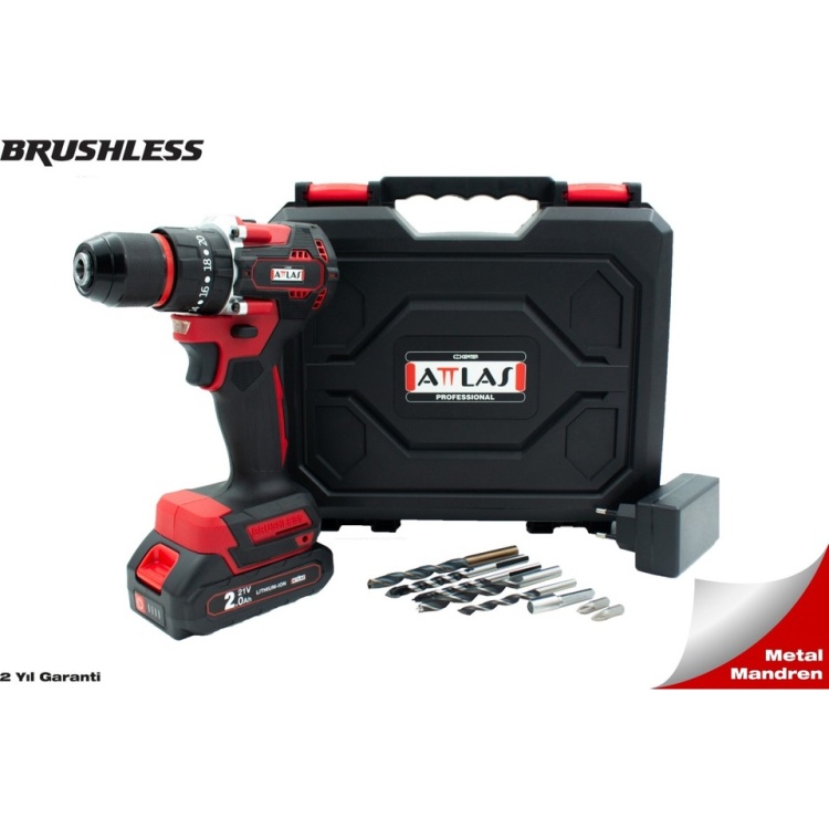Attlas Atb 21 BLPD-201C 21V 2.0AH Tek Akülü Kömürsüz Darbeli Matkap L-Boxx Çantalı + 8 Parça Uç Seti