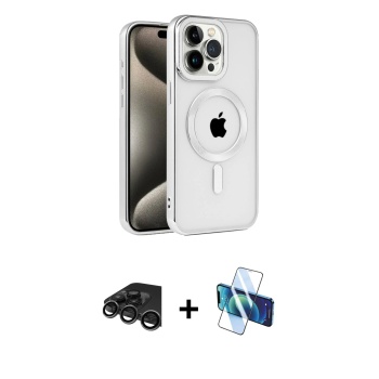 iPhone 15 Pro Max Eksen Form Koleksiyonu - Siyah 3D Antistatik Cam Ekran Koruyucu + Titanyum Gri Raze Metal Kamera Lens