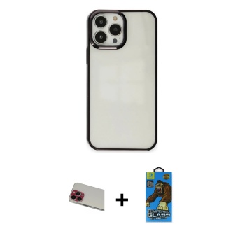 iPhone 13 Pro Max Doruk Doku Prime - Siyah 18D Cam Ekran Koruyucu + Kırmızı Rainbow Kamera Lens Koruma Cam