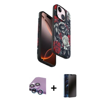 iPhone 14 Siluet Doku - Siyah 3D Antistatik Hayalet Cam Ekran Koruyucu + Mavi Raze Metal Kamera Lens