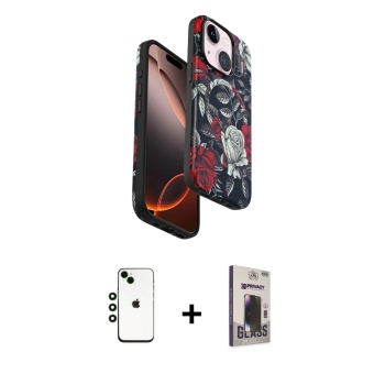 iPhone 14 Siluet Doku - Siyah Bilvis Hayalet Cam Ekran Koruyucu + Yeşil Shine Kamera Lens