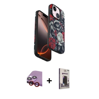 iPhone 14 Siluet Doku - Siyah Bilvis Hayalet Cam Ekran Koruyucu + Kırmızı Raze Metal Kamera Lens