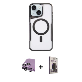 iPhone 14 Yadigar Klasik Özel Seri - Siyah Bilvis Hayalet Cam Ekran Koruyucu + Gümüş Raze Metal Kamera Lens