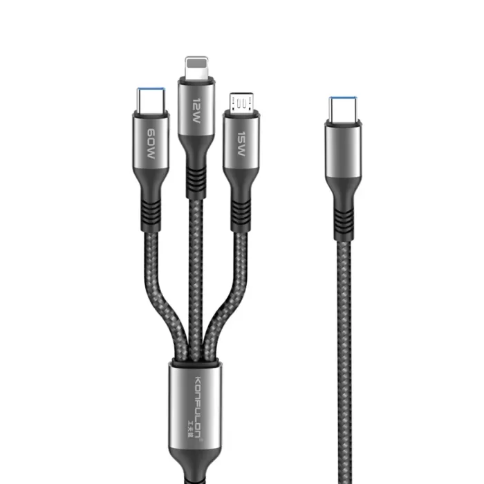 Konfulon DC62 3in1 Type-C to 60W Type-C / 12W Lightning / 15W Micro 1.2M Hızlı Şarj Kablo - Siyah