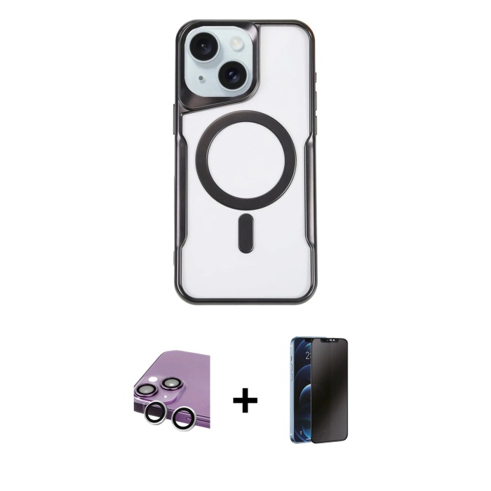 iPhone 14 Yadigar Klasik Özel Seri - Siyah 3D Antistatik Hayalet Cam Ekran Koruyucu + Gümüş Raze Metal Kamera Lens