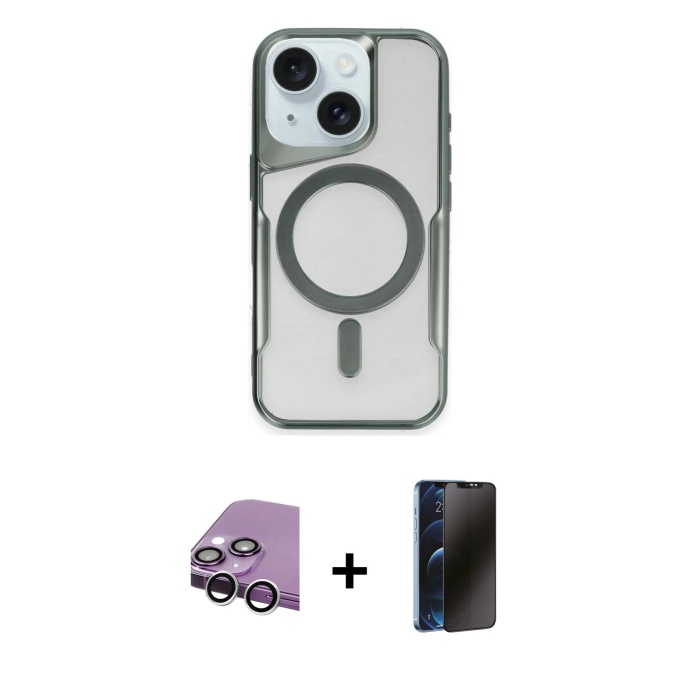 iPhone 14 Yadigar Klasik Özel Seri - Siyah 3D Antistatik Hayalet Cam Ekran Koruyucu + Gümüş Raze Metal Kamera Lens