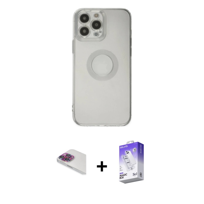 iPhone 13 Pro Max Kutup Klasik - Siyah Bilvis 5in1 3D Magic Cam Ekran Koruyucu + Gökkuşağı Pers Alüminyum Kamera Lens