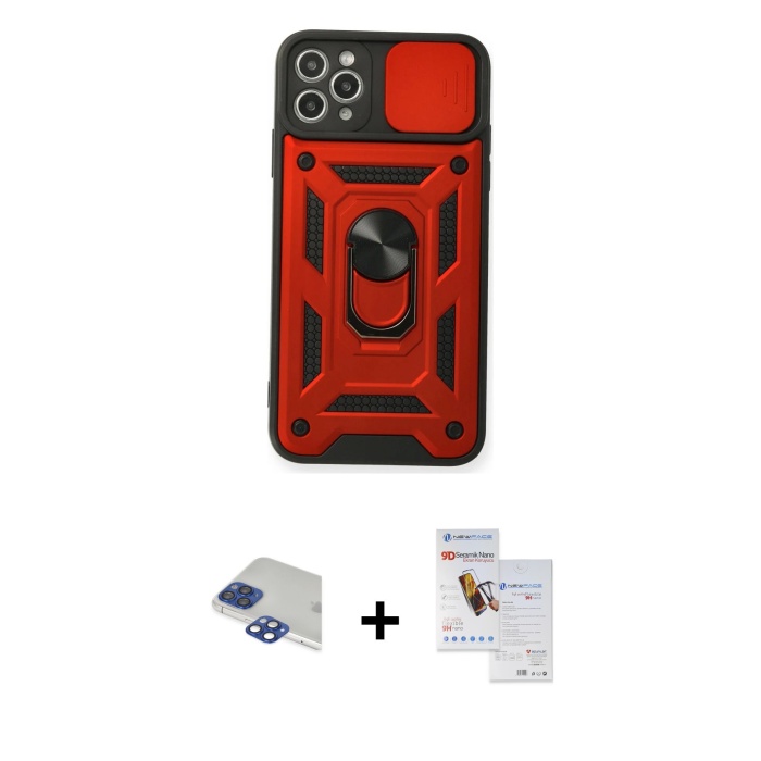 iPhone 11 Pro Max Ahenk Klasik - Siyah Seramik Nano Ekran Koruyucu + Lacivert Pers Alüminyum Kamera Lens