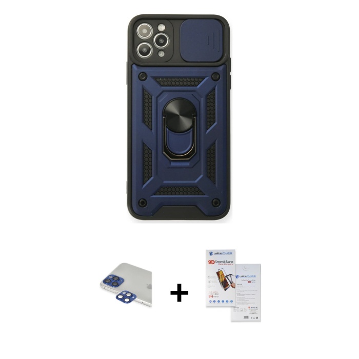 iPhone 11 Pro Max Ahenk Klasik - Siyah Seramik Nano Ekran Koruyucu + Lacivert Pers Alüminyum Kamera Lens