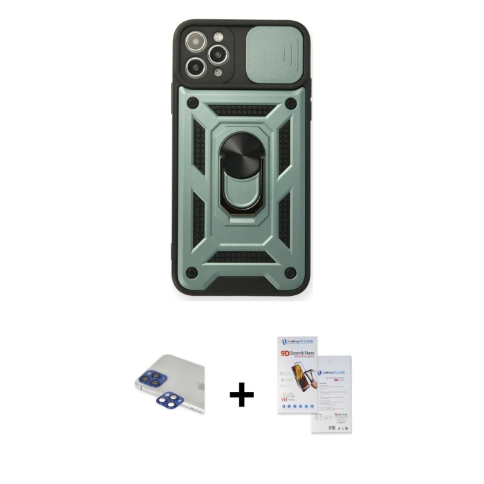 iPhone 11 Pro Max Ahenk Klasik - Siyah Seramik Nano Ekran Koruyucu + Lacivert Pers Alüminyum Kamera Lens