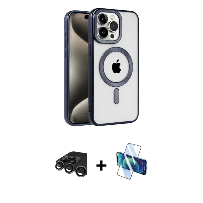 iPhone 15 Pro Max Eksen Form Koleksiyonu - Siyah 3D Antistatik Cam Ekran Koruyucu + Titanyum Gri Raze Metal Kamera Lens