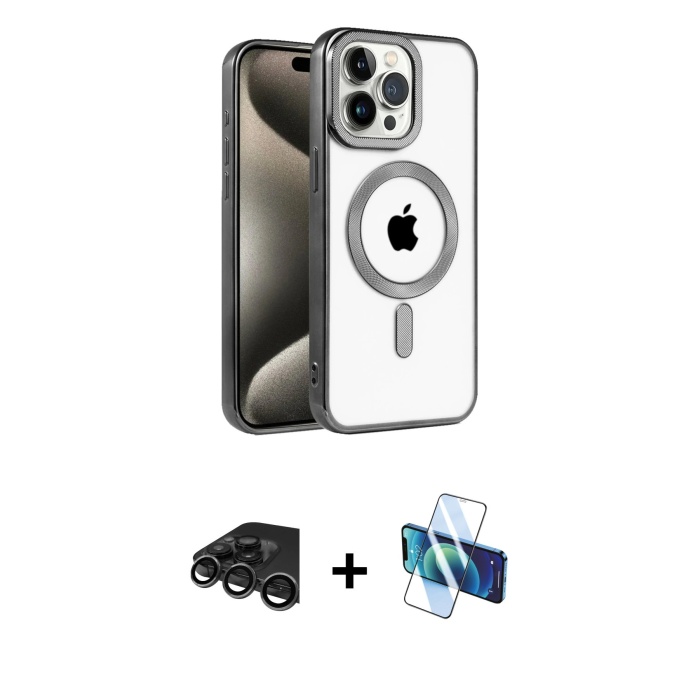 iPhone 15 Pro Max Eksen Form Koleksiyonu - Siyah 3D Antistatik Cam Ekran Koruyucu + Titanyum Gri Raze Metal Kamera Lens
