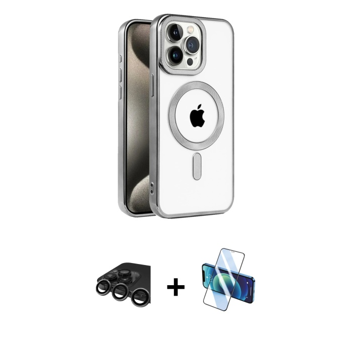 iPhone 15 Pro Max Eksen Form Koleksiyonu - Siyah 3D Antistatik Cam Ekran Koruyucu + Titanyum Gri Raze Metal Kamera Lens