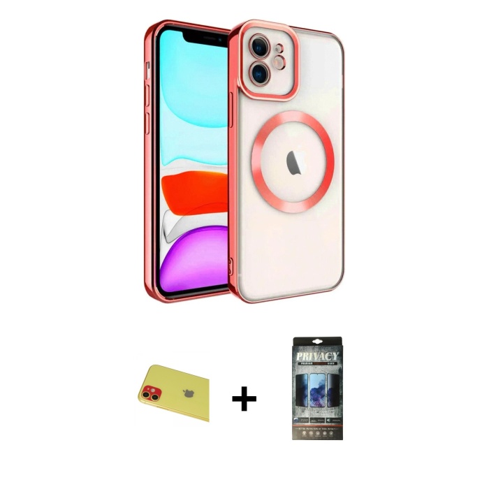 iPhone 11 Nova Işık Özel Seri - Siyah 34D Hayalet Izgaralı Cam + Kırmızı Rainbow Kamera Lens Koruma Cam