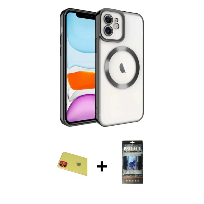 iPhone 11 Nova Işık Özel Seri - Siyah 34D Hayalet Izgaralı Cam + Kırmızı Rainbow Kamera Lens Koruma Cam