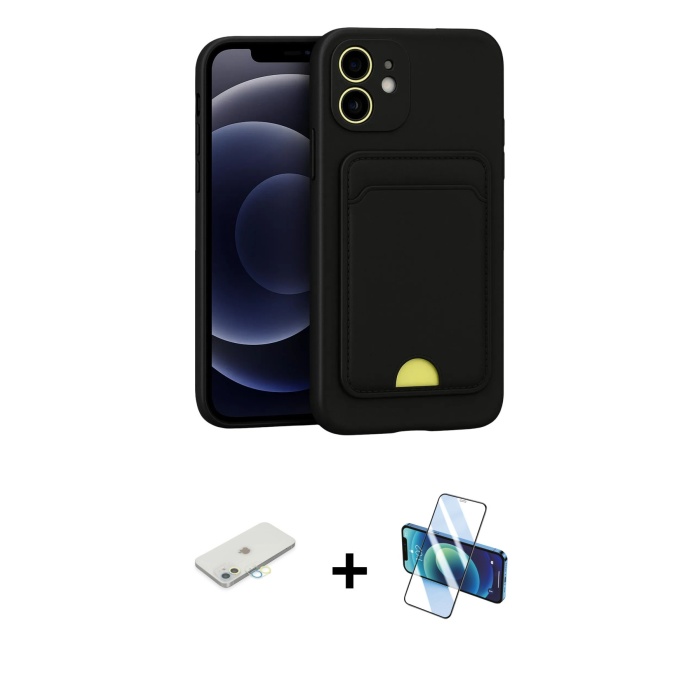 iPhone 11 Vadi Çizgi Prime - Siyah 3D Antistatik Seramik Nano Ekran Koruyucu + Sarı Renkli Kamera Lens Koruma Cam