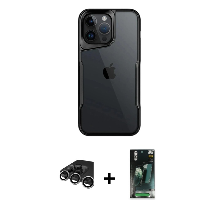 iPhone 15 Pro Akış Çizgi Koleksiyonu - Siyah 360 Mat Full Body Arka Koruyucu + Gümüş Raze Metal Kamera Lens