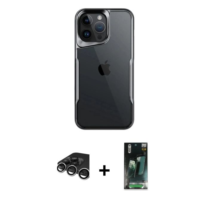 iPhone 15 Pro Akış Çizgi Koleksiyonu - Siyah 360 Mat Full Body Arka Koruyucu + Gümüş Raze Metal Kamera Lens