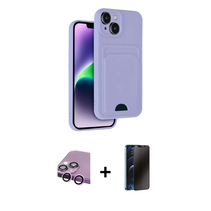 iPhone 14 Vadi Çizgi Prime - Siyah 3D Antistatik Hayalet Cam Ekran Koruyucu + Mor Raze Metal Kamera Lens