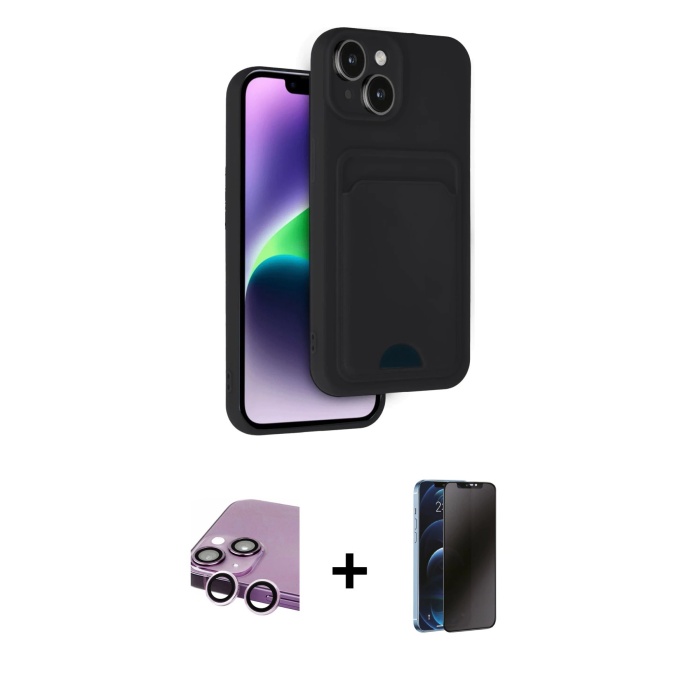 iPhone 14 Vadi Çizgi Prime - Siyah 3D Antistatik Hayalet Cam Ekran Koruyucu + Mor Raze Metal Kamera Lens