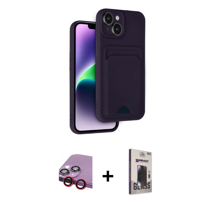 iPhone 14 Vadi Çizgi Prime - Siyah Bilvis Hayalet Cam Ekran Koruyucu + Kırmızı Raze Metal Kamera Lens