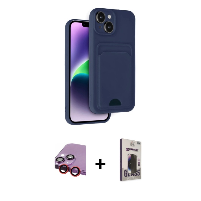 iPhone 14 Vadi Çizgi Prime - Siyah Bilvis Hayalet Cam Ekran Koruyucu + Kırmızı Raze Metal Kamera Lens