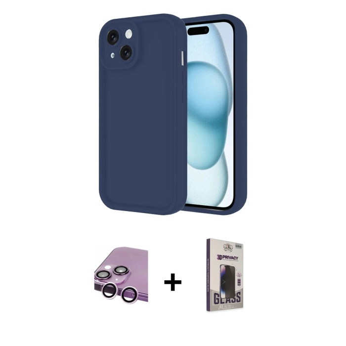 iPhone 14 Yankı Yansıma Özel Seri - Siyah Bilvis Hayalet Cam Ekran Koruyucu + Mor Raze Metal Kamera Lens