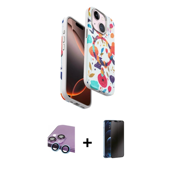 iPhone 14 Siluet Doku - Siyah 3D Antistatik Hayalet Cam Ekran Koruyucu + Mavi Raze Metal Kamera Lens