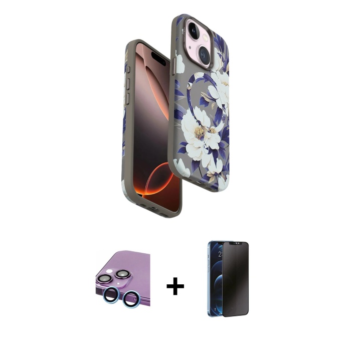 iPhone 14 Siluet Doku - Siyah 3D Antistatik Hayalet Cam Ekran Koruyucu + Mavi Raze Metal Kamera Lens