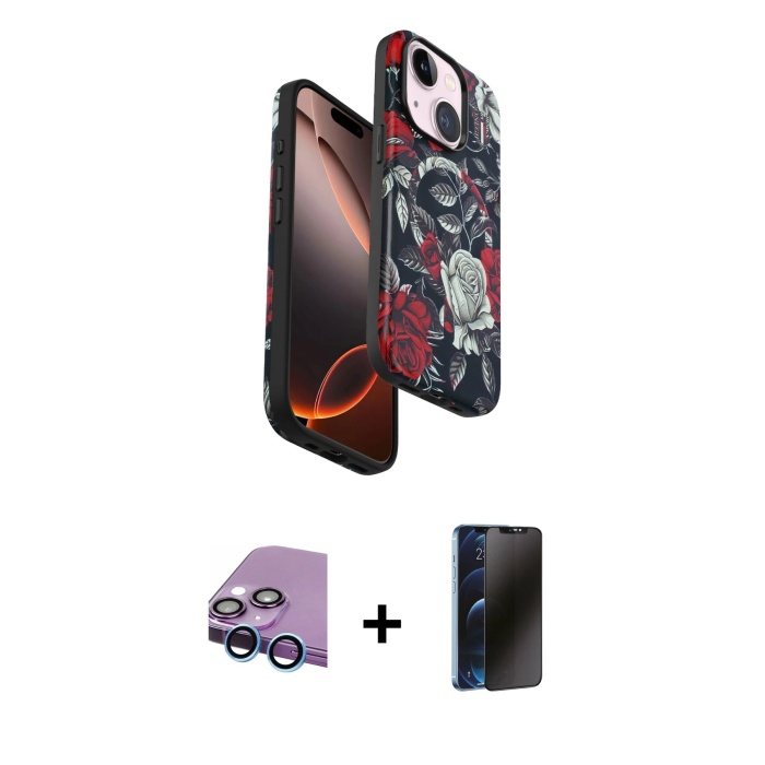 iPhone 14 Siluet Doku - Siyah 3D Antistatik Hayalet Cam Ekran Koruyucu + Mavi Raze Metal Kamera Lens